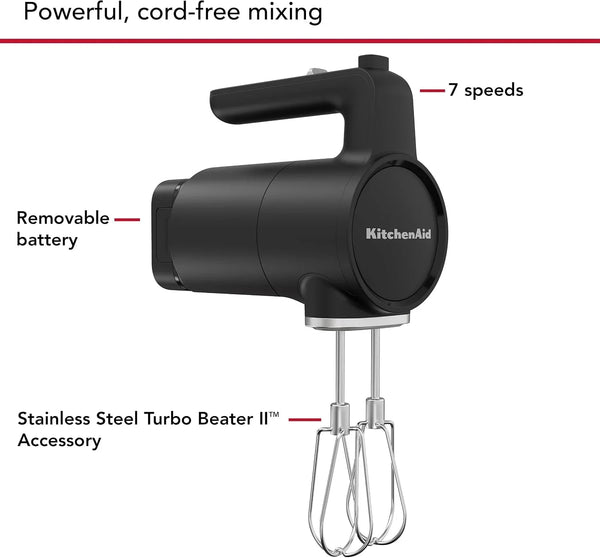Kitchenaid Go Cordless Hand Mixer, Battery Included, KHMR762 | Cordless, 7 Speed Settings, Soft Start Feature, Stainless Steel Beaters, Battery Included, Black Matte3