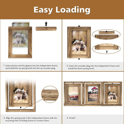 4X6 Picture Frame Rustic Wood Hinged Folding Triple Picture Frames Collage, Double-Sided Display Rotatable High Definition Glass Photo Frame for Home Tabletop(Carbonized Black)6