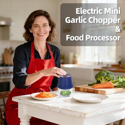 Electric Garlic Chopper 350Ml Mini Food Processor Vegetable Chopper（Blue） | Bpa-Free Glass Bowl 6-Blade Cutting Cordless & USB Rechargeabl Garlic Chopper Mini Chopper for Onion Herb Nut Easy to Clean2