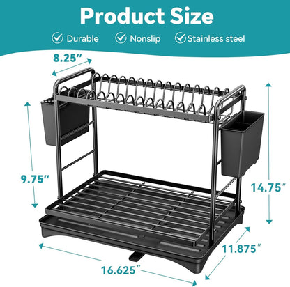 Dish Rack, Dish Drying Rack 2 Tier, Stainless Steel Dish Drainers with Utensil Holder and Drainboard for Kitchen Sink Organizers, 11.875" W X 16.625" D, Black2