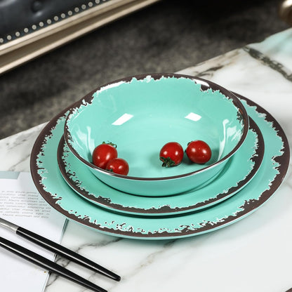 Rustic Melamine Dinnerware Set,12Pcs Plates and Bowls Sets-Green9