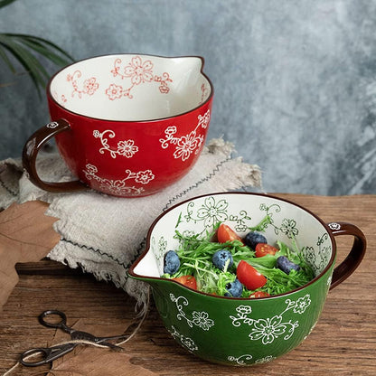 Cherry Blossom Pattern Kitchen Ceramic Mixing Bowl, 1 Quart Large Bowl, with Pouring Spout and Handle5