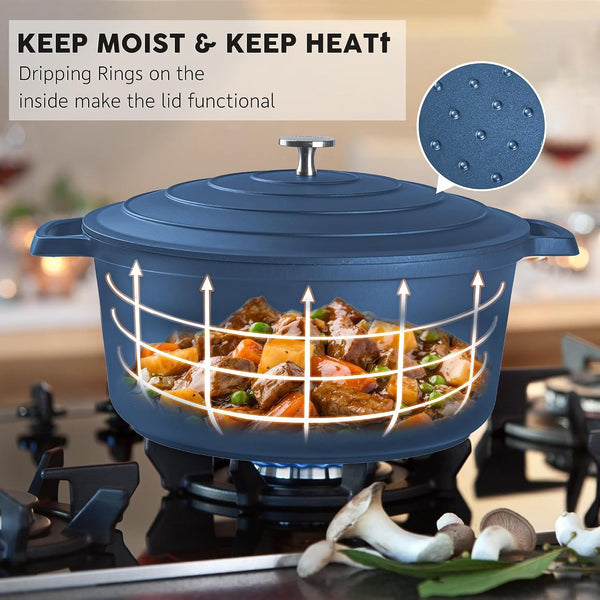 Large Dutch Oven Pot with Lid-7.5Qt Cast Aluminum Oven Pot with Two Handles Lightweight for Bread Baking Braising and Roasting(Blue)6