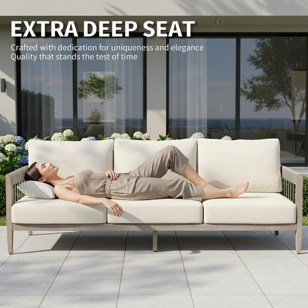 4-Piece Patio Furniture Set, Never-Rust Aluminum Sectional Sofa with Faux Wood Grain Frame, Rope Weave Outdoor Conversation Set with Coffee Table, Patio Sofa Set for Backyard, Poolside, Deck4