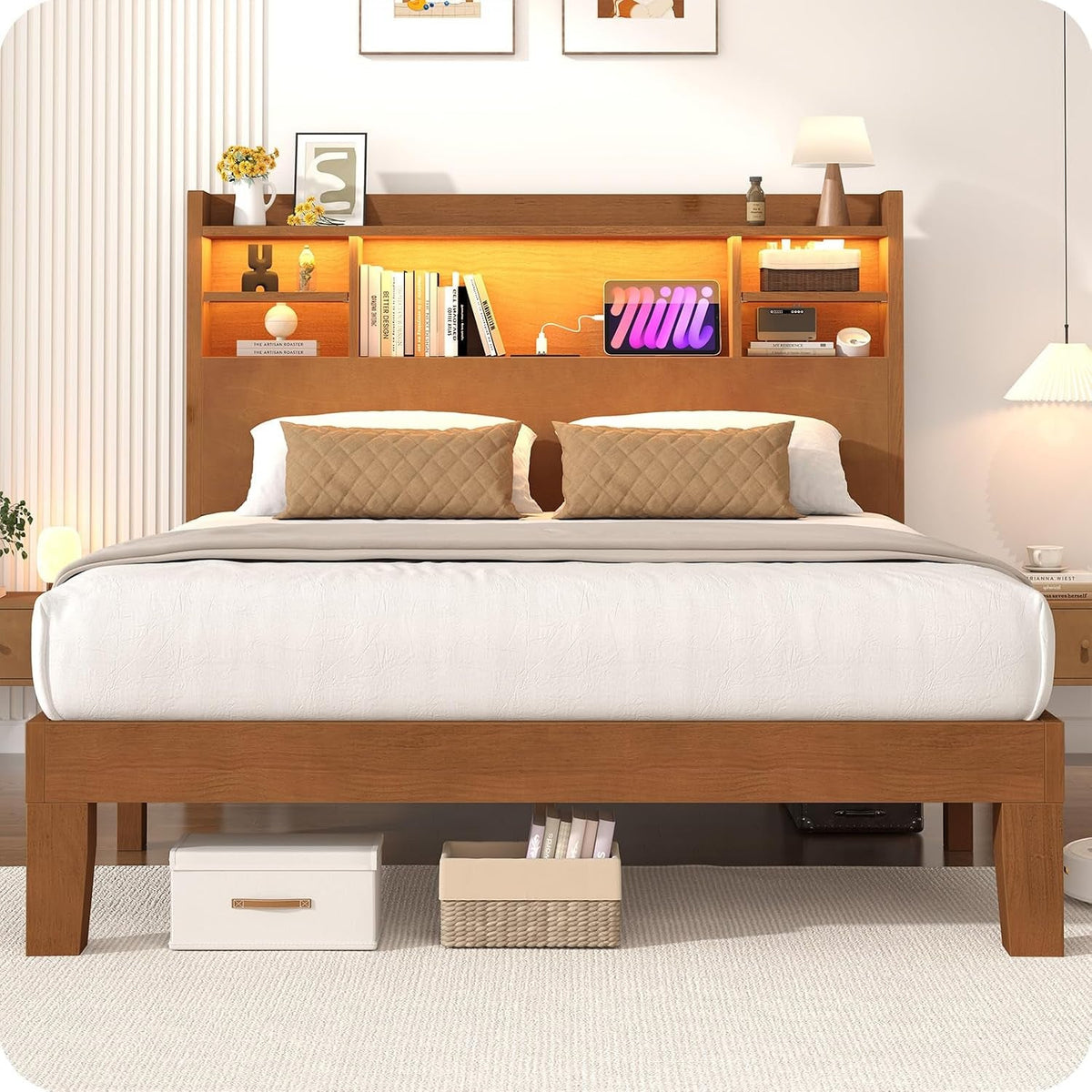 queen-size-solid-wood-platform-bed-frame-with-led-headboard-remote-app-control-dimmable-color-changing-lighting-solid-pine-oak-construction-no-box-spring-needed-natural-oak-finish