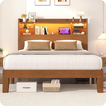 Queen Size Solid Wood Platform Bed Frame with LED Headboard, Remote & App Control, Dimmable & Color-Changing Lighting, Solid Pine & Oak Construction, No Box Spring Needed, Natural Oak Finish1