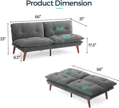 Futon Sofa Bed, 70" Chenille Futon Couch with Adjustable Backrest Armrest, 3 in 1 Convertible Comfy Loveseat Sleeper Sofa Bed for Small Spaces Dorm Room Apartment Home Office(Dark Grey)2