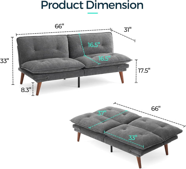 Futon Sofa Bed, 70" Chenille Futon Couch with Adjustable Backrest Armrest, 3 in 1 Convertible Comfy Loveseat Sleeper Sofa Bed for Small Spaces Dorm Room Apartment Home Office(Dark Grey)2