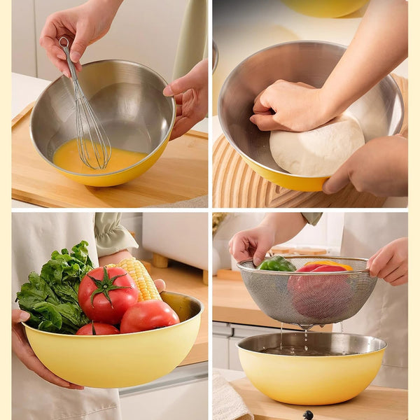 Stainless Steel Mixing Bowls and Colander Set Mixing Bowls with Scale Salad Bowl with Colander Fine Mesh Strainer Basket Baking Bowl Set Cooking Scale Bowl for Kitchen Decoration Yellow2