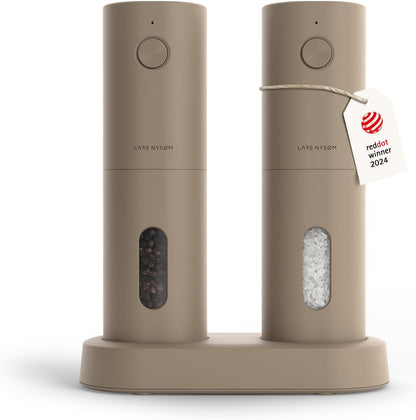 Electric Salt and Pepper Grinder Set, USB Rechargeable, Automatic Salt and Pepper Mills, Spice Shakers Refillable with LED Light, Adjustable Coarseness, Ceramic Grinder (Taupe Brown)1