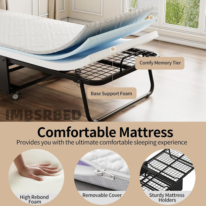Deluxe Folding Bed with Mattress with 5-Inch Memory Foam Mattress on Rollers for Easy Storage with Metal Frame and Bed Side Pockets (75"×31")5
