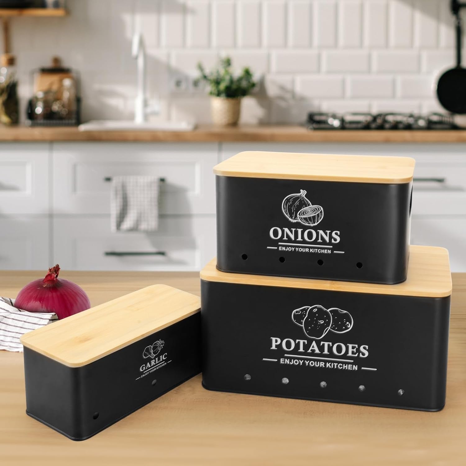 kitchen-vegetable-storage-set-of-3-metal-onion-garlic-potato-storage-set-kitchen-canisters-vegetable-keeper-containers-with-aerating-holes-and-bamboo-lid-black