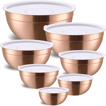 Rose Gold Mixing Bowls with Airtight Lids, Stainless Steel Nesting Mixing Bowls Set of 7, Ideal for Baking, Prepping and Serving Food, Size 7, 3.6, 2.7, 2.1, 1.5, 1.1,0.8 QT, Stackable Design1