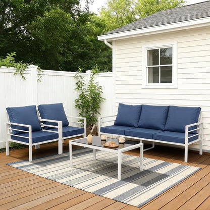 Patio Furniture Set Aluminum 4 Pieces White Metal Outdoor Furniture Set Glass Coffee Table with No-Slip Cushions and Waterproof Covers, Navy Blue1