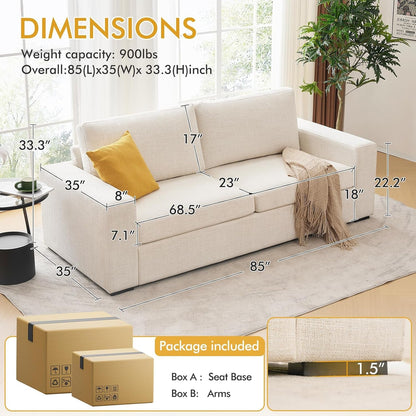 Oversized 85'' Couches for Living Room, Modern 3-Seater Cloud Couch with Removable Cover, Wide Armrest, Thick Spring Cushions, Comfy Deep Sofa for Apartment, Office, Small Space, Linen Beige2