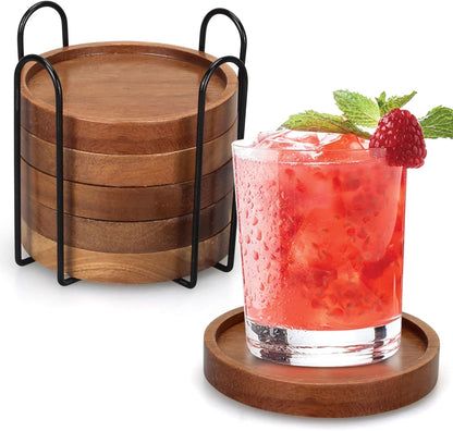 Wooden Coaster Set of 6 Coffee Table Decor Bar Cup Drink Coasters Holder | Acacia Wood Coaster Coffee Bar Accessories Kitchen and Dining Room Outdoor Costers Modern Cute Beer Rustic Farmhouse Decor1