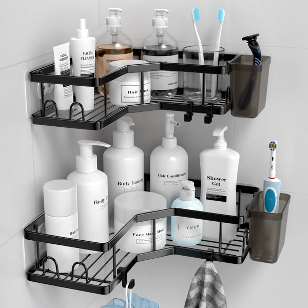 Corner Shower Caddy, 2 Pack Adhesive Shower Corner Organizer Shelves, No Drilling Stainless Steel Shower Storage Rack with Hooks&Toothpaste Holder for Bathroom Kitchen （For 90° Corners Only）1