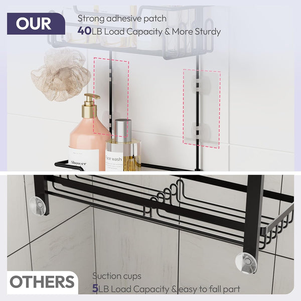 Bathroom Shower Caddy Hanging - Extended Length 2 Tier Rustproof over Shower Head Organizer, No Drilling Bathroom Shelf with 14 Hooks & Soap Holder, Anti-Swing Rack, Black, Medium7