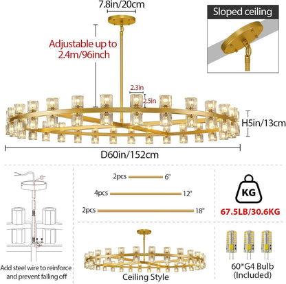 Modern 60 Inch Gold round Chandelier, Extra Large Chandeliers Crystal Chandeliers for Living Room, Large Wagon Wheel Chandelier for Foyer, Staircase, Entrance,Includes Bulb3