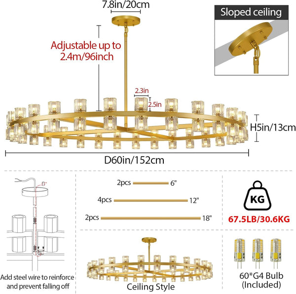 Modern 60 Inch Gold round Chandelier, Extra Large Chandeliers Crystal Chandeliers for Living Room, Large Wagon Wheel Chandelier for Foyer, Staircase, Entrance,Includes Bulb3