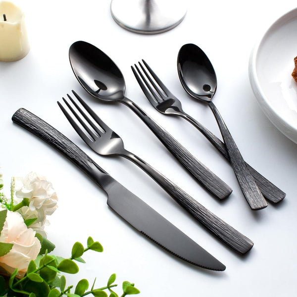 40-Piece Black Silverware Set for 8 | 18/0 Stainless Steel, Heavy Duty, Ripple Handles, Mirror Polished Cutlery Set for Kitchen Gathering Wedding5