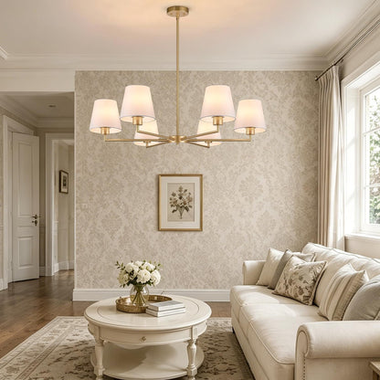 Brass Gold Chandeliers for Dining Room, 36" 6 Light No Assembly Required Antique Modern Gold Chandelier Light Fixture with White Fabric Shade, Classic Kitchen Pendant Lights over Table for Bedroom7