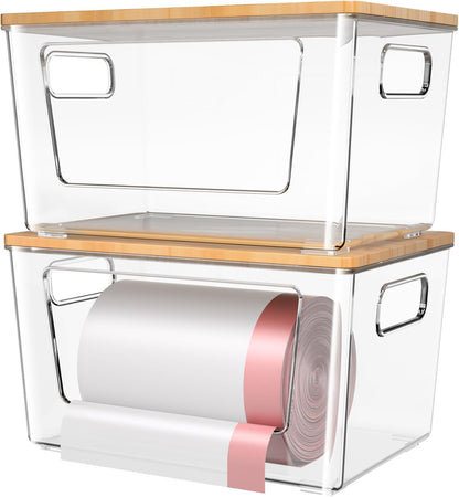 2 Pack Trash Bag Holder with Bamboo Lid Stackable Trashbag Dispenser1