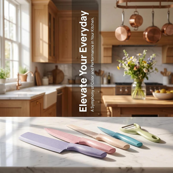 6 Pcs Colorful Knife Set,Non-Stick Coating,Gift Box | High Carbon Stainless Steel Kitchen Knife Set with Ergonomic Handle,Dorm Knife for Dorm,Cooking,Camping,Travel6