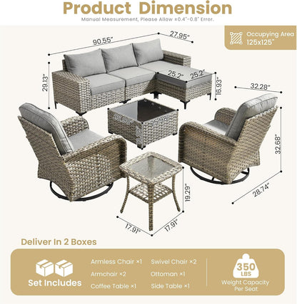 Outdoor Sectional Furniture Set,8 Pieces Wicker Patio Conversation Sets,L Shape All Weather outside Couch Sofa Set with Swivel Chairs Ottoman,Charcoal Gray7