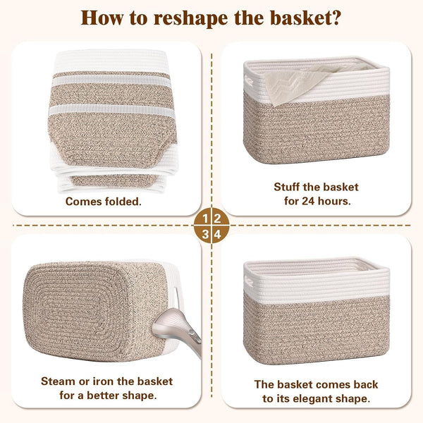 Storage Baskets for Organizing, 4 Pack Baskets for Shelves, Decorative Storage Bins for Shelves, Cotton Rope Storage Basket with Handles, Woven Basket for Storage, 13''Lx8.7''Wx7.9''H, White & Brown8