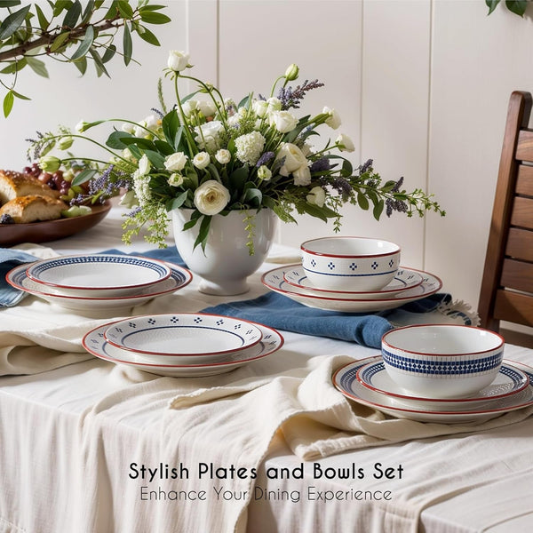 Dinnerware Sets for 8, 24-Piece Stoneware Plates and Bowls Sets for 8 Everyday Dishware Sets for 8, Microwave Safe, Scratch-Resistant, Vintage Geometric Design, Service for 82