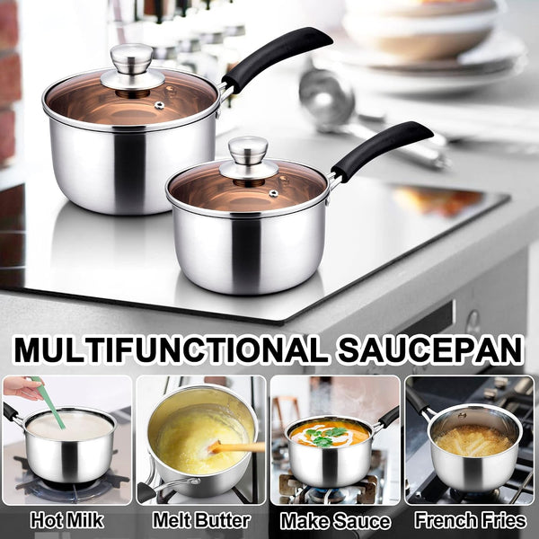 Sauce Pan Set with Lid, 1 Quart and 2 Quart Stainless Steel Saucepan | Small Kitchen Cooking Pot for Milk, Soup & Butter, Stay-Cool Handle, Induction Ready, Nonstick & Non Toxic, Dishwasher Safe4