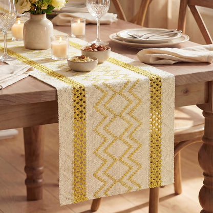 Yellow Stripe Diamond Woven Table Runner 12X72 Inch | Holiday Farmhouse Kitchen Dining Dresser Coffee Table Decoration for Home Party Decor, Macrame Cotton Blend1