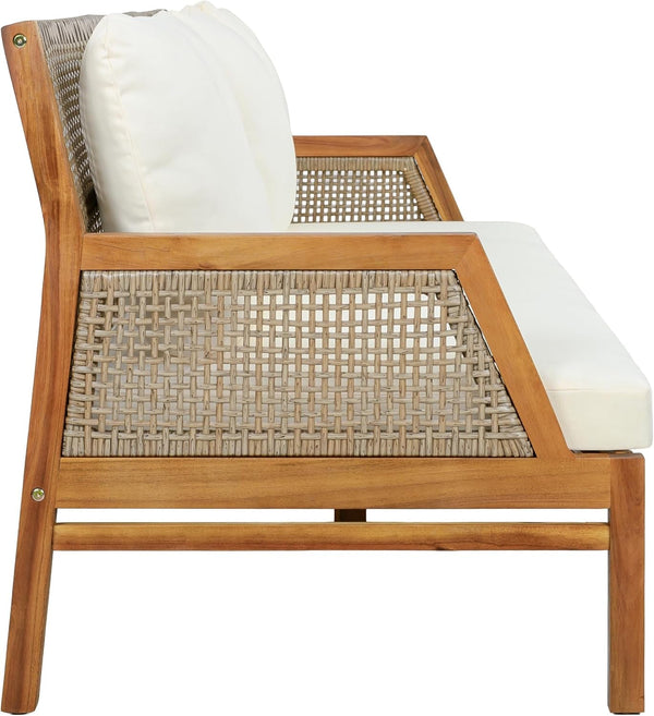 Zura 4 Piece Patio Furniture Set with Removable Cushion, Outdoor Acacia Wood Conversation Set with Ottoman, Outdoor Sectional Sofa Set with Coffee Table, Teak+Cream10
