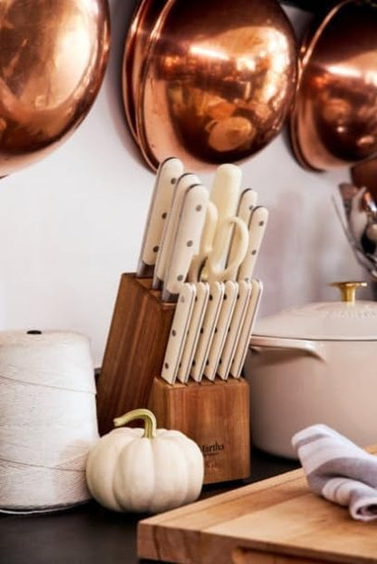 Eastwalk 14 Piece High Carbon Stainless Steel Cutlery Kitchen Knife Block Set W/Abs Triple Riveted Forged Handle Acacia Wood Block - Linen White2