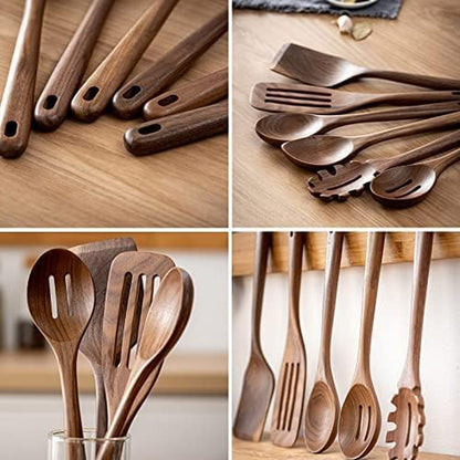 12 Inch Black Walnut Wooden Spoons for Cooking, 6 PCES Long Handel Wooden Spoons, Natural Black Walnut Wooden Utensil for Cooking, Wooden Kitchen Utensil Set4