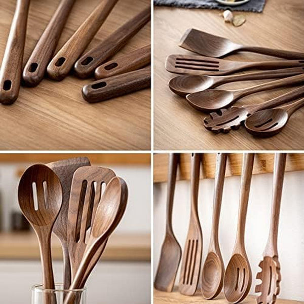 12 Inch Black Walnut Wooden Spoons for Cooking, 6 PCES Long Handel Wooden Spoons, Natural Black Walnut Wooden Utensil for Cooking, Wooden Kitchen Utensil Set4