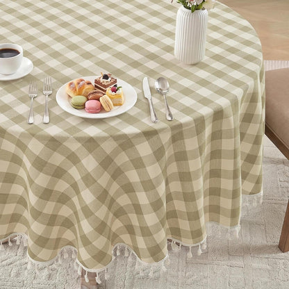 Gingham Tassel 70 Inch round Tablecloth, Beige3