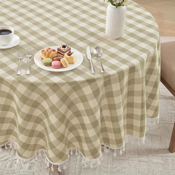 Gingham Tassel 70 Inch round Tablecloth, Beige3