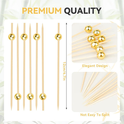 200PCS Cocktail Picks, Fancy Toothpicks for Appetizers, Decorative Skewers for Appetizers Drinks Party Fruit, 4.7 Inch Long Wooden Bamboo Gold Ball Food Sticks Charcuterie Boards Accessories2