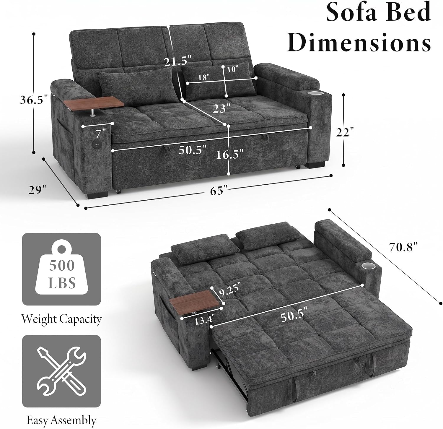 65-convertible-sleeper-sofa-bed-with-swivel-side-table-chenille-pull-out-couch-for-living-room-loveseat-sleeper-couch-with-hidden-storage-space-charging-port-cup-holders-grey