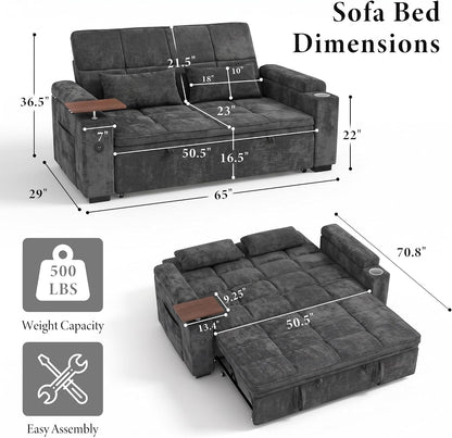 65'' Convertible Sleeper Sofa Bed with Swivel Side Table, Chenille Pull Out Couch for Living Room, Loveseat Sleeper Couch with Hidden Storage Space | Charging Port | Cup Holders, Grey2