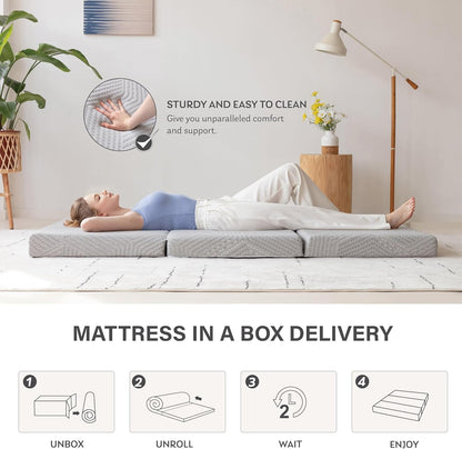 Twin Trifold Mattress, 4 Inch Foldable Gel Memory Foam Mattress | Portable 75"×38" Folding Mat with Collapsible and Washable Removable Cover, Floor Pads for Guest Bed, Travel, Camping, Grey7