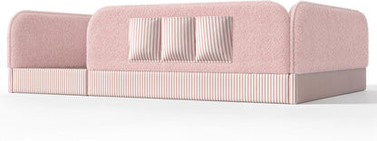 Queen Upholstered Floor Bed with Slats and Guardrail,Side Storage Pocket,Teddy, Pink7