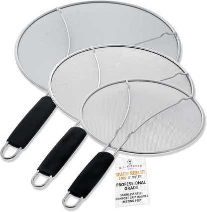 3-Piece Stainless Steel Splatter Guard Set (13", 11.5", 9.5") Fine Mesh Cover, Grease & Oil, Splatter Screen for Frying Pan, Cooking Pots, with Resting Feet & Comfort Grip Handles1