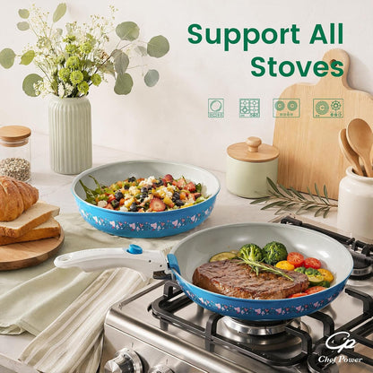 Ceramic Cookware Set Non Toxic with Detachable Handles, Healthy Nonstick Decal Pans and Pots Set 14 Pcs, Induction Dishwasher Oven Safe Kitchen Set, Turquoise with Bougainvillea6