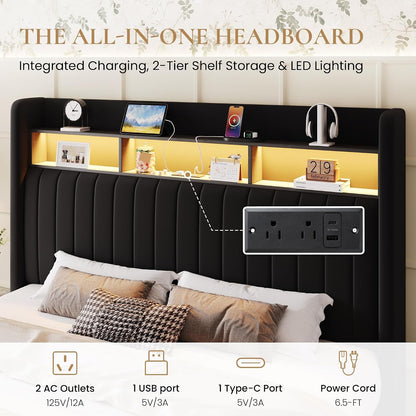 Full Size Platform Bed Frame / 2-Tier Storage Shelf/Velvet Wingback Upholstered Headboard/Led Lights and Charging Station/No Box Spring Needed/Noise-Free/Easy Assembly/Black4