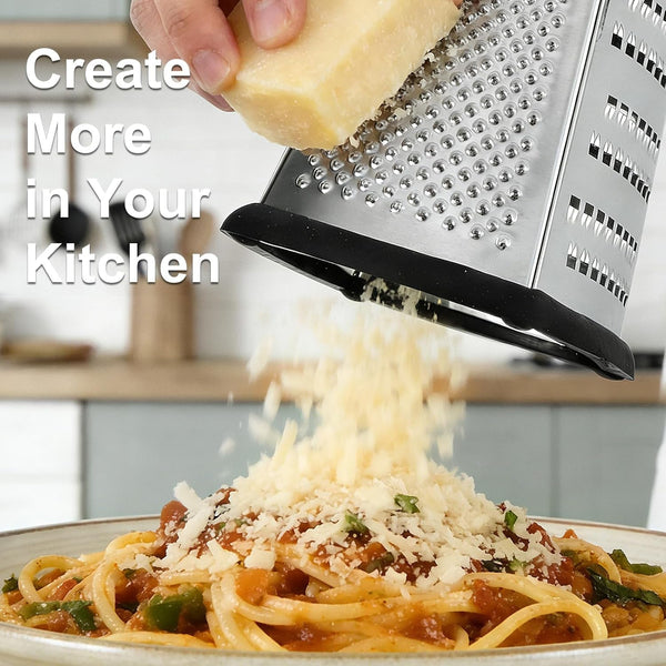 Cheese Grater, Handheld Box Grater with Container & Lid, 4-Sided Stainless Steel for Kitchen, Wavy Julienne, Slicer, Coarse Shred & Fine Zester, Non-Slip Base, Dishwasher Safe, 8 Inch6