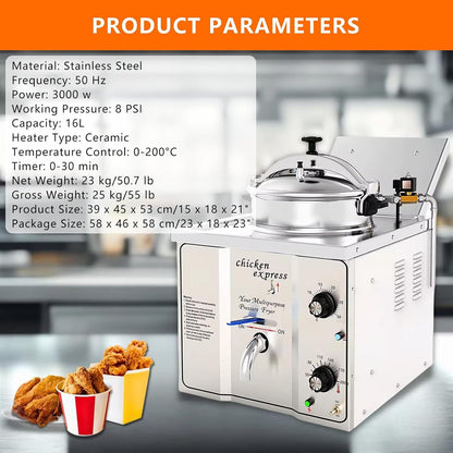 3000W Stainless Steel Electric Pressure Fryer for Chicken Wings & Fries - High-Efficiency Tabletop Cooking Machine for Restaurants & Home Kitchens8