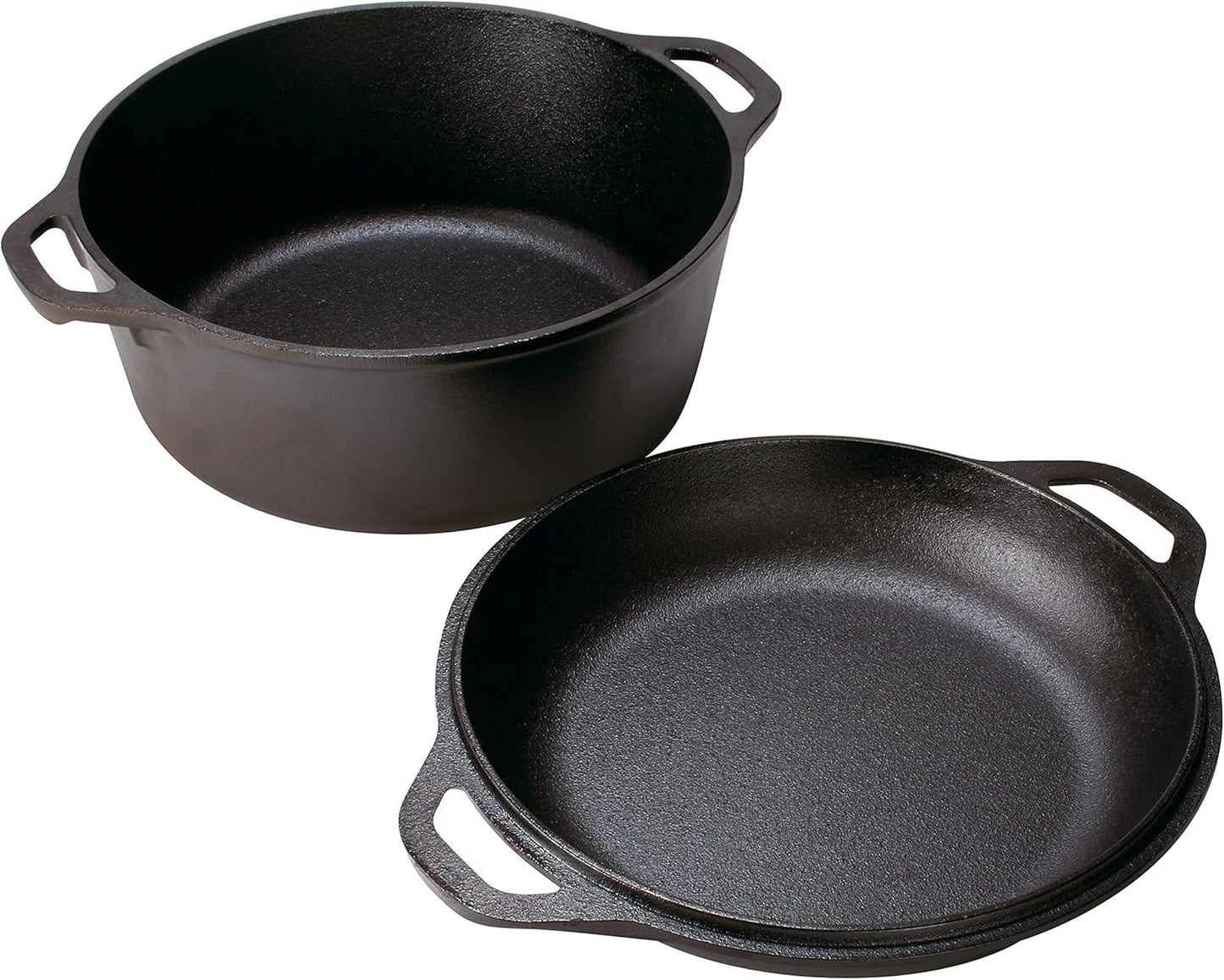 5-quart black cast iron Dutch oven and 10.25-inch cast iron skillet with handles